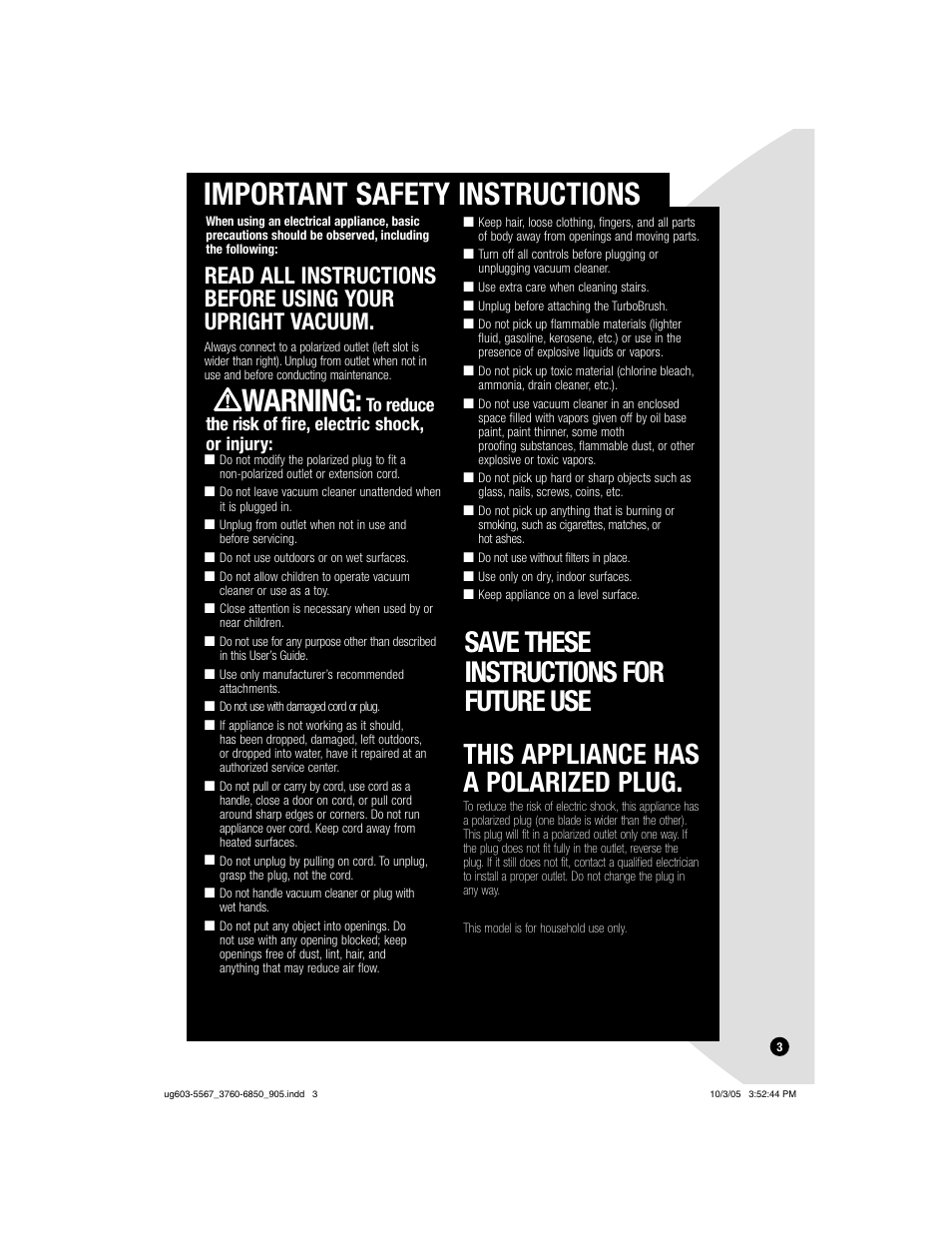 Important safety instructions, Warning | Bissell 6860  EN User Manual | Page 3 / 16