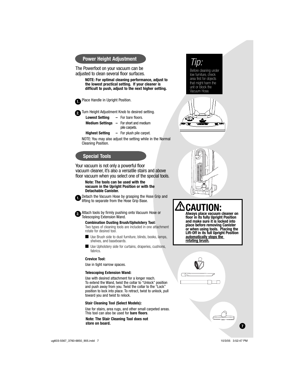 Caution, Power height adjustment, Special tools | Bissell 6860  EN User Manual | Page 7 / 16