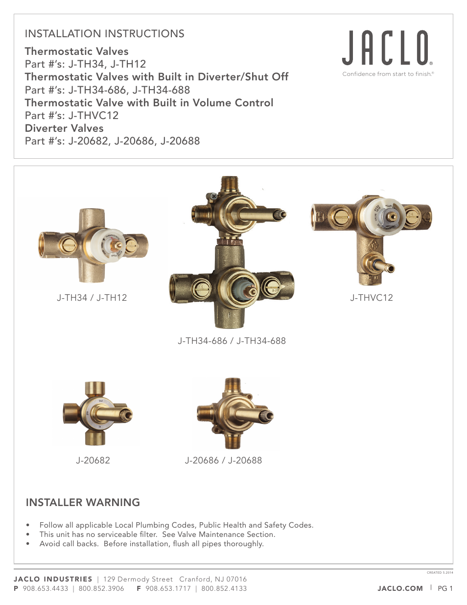 Jaclo Thermostatic Valve, Rough - J-TH34 User Manual | 14 pages