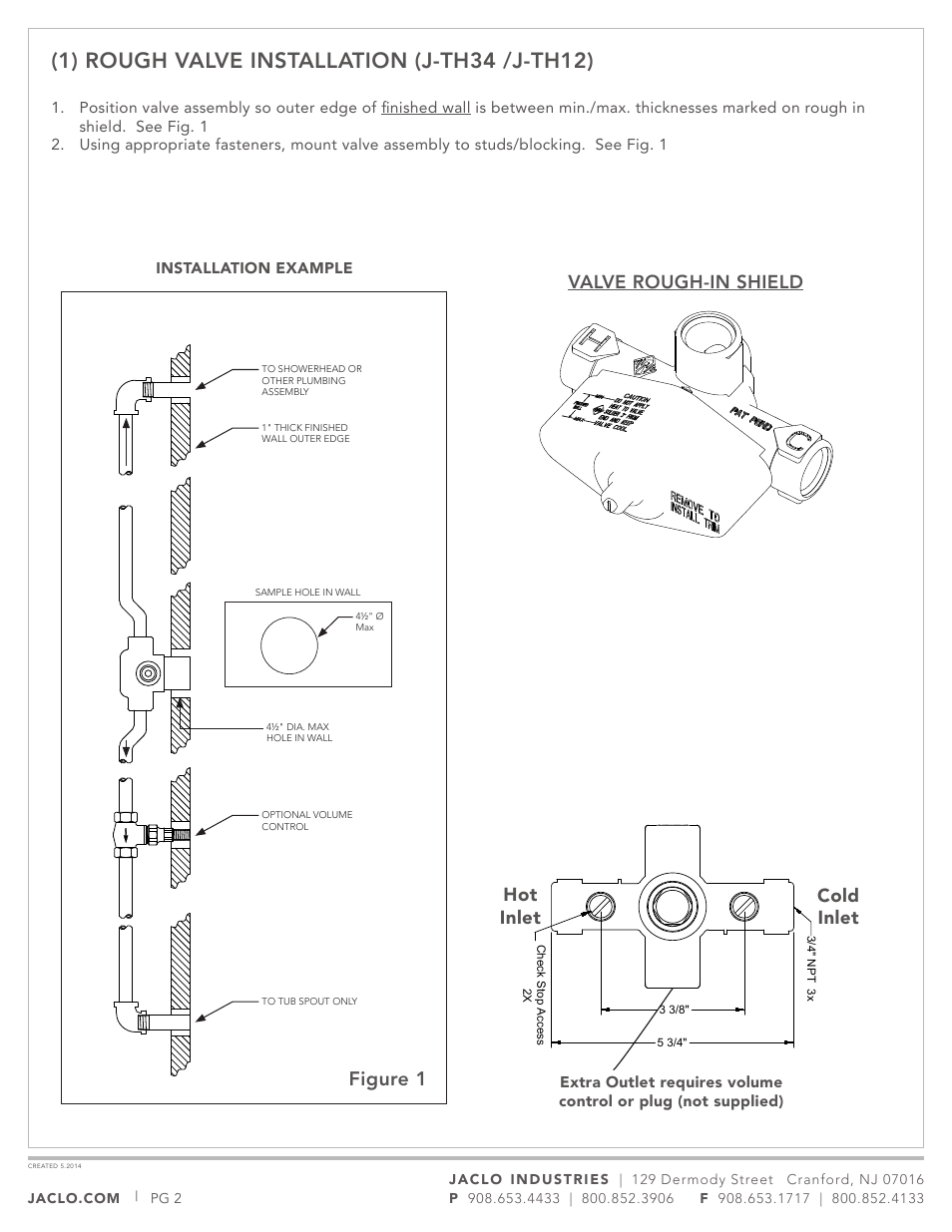 Figure 1, Valve rough-in shield, Hot inlet cold inlet | Jaclo Thermostatic Valve, Rough - J-TH34 User Manual | Page 2 / 14