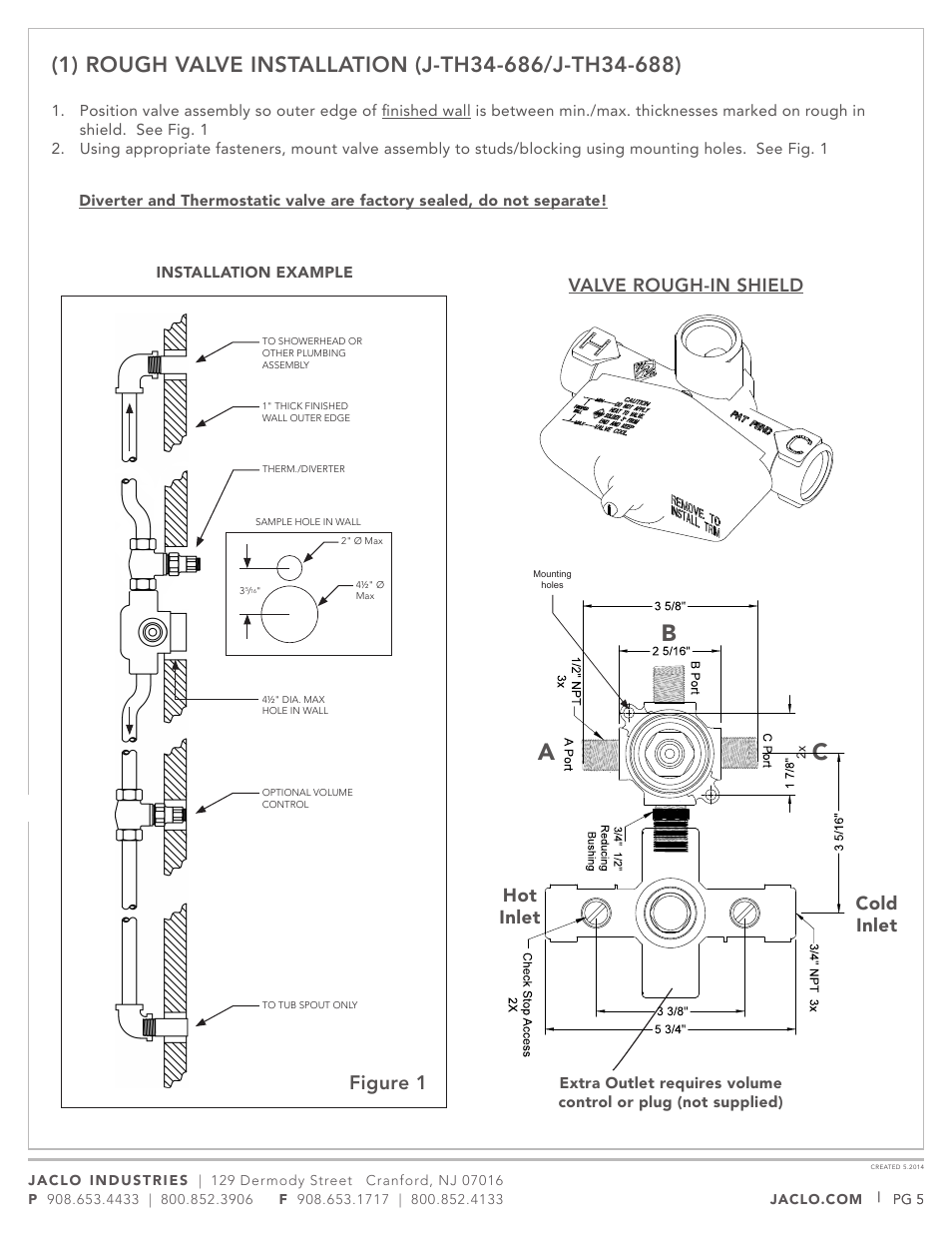 Figure 1, Valve rough-in shield, Hot inlet cold inlet | Jaclo Thermostatic Valve, Rough - J-TH34 User Manual | Page 5 / 14