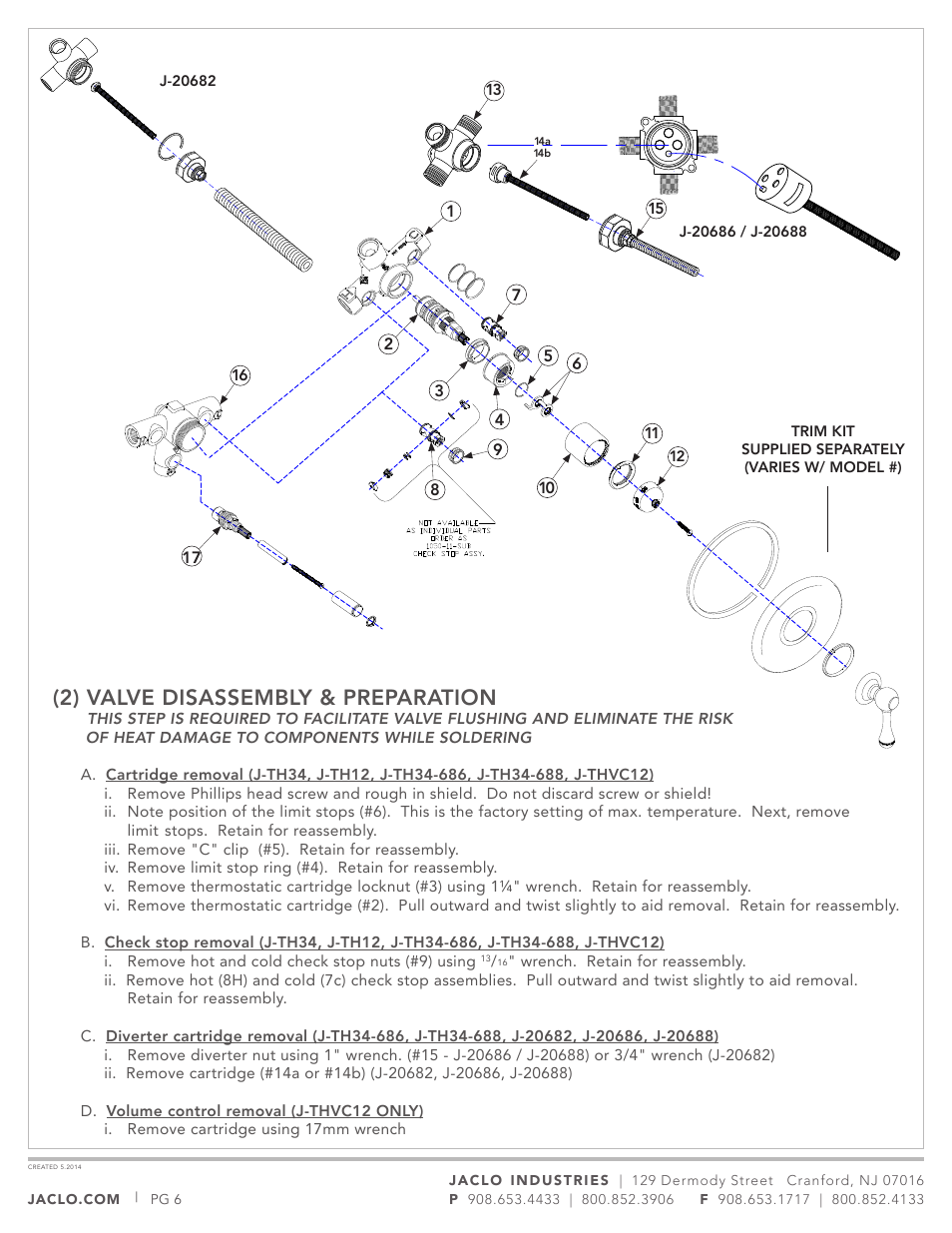 2) valve disassembly & preparation | Jaclo Thermostatic Valve, Rough - J-TH34 User Manual | Page 6 / 14