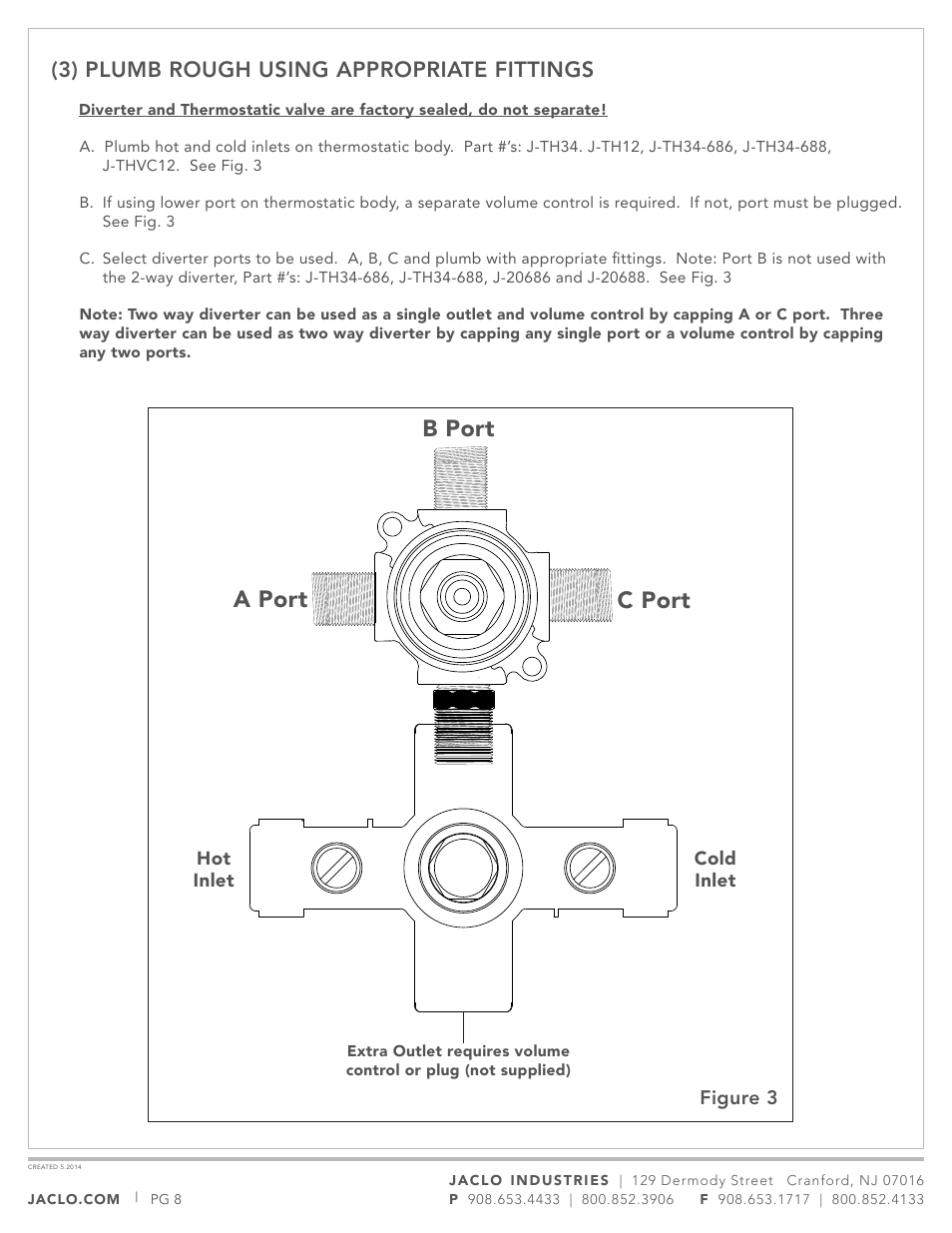 A port c port b port, 3) plumb rough using appropriate fittings | Jaclo Thermostatic Valve, Rough - J-TH34 User Manual | Page 8 / 14