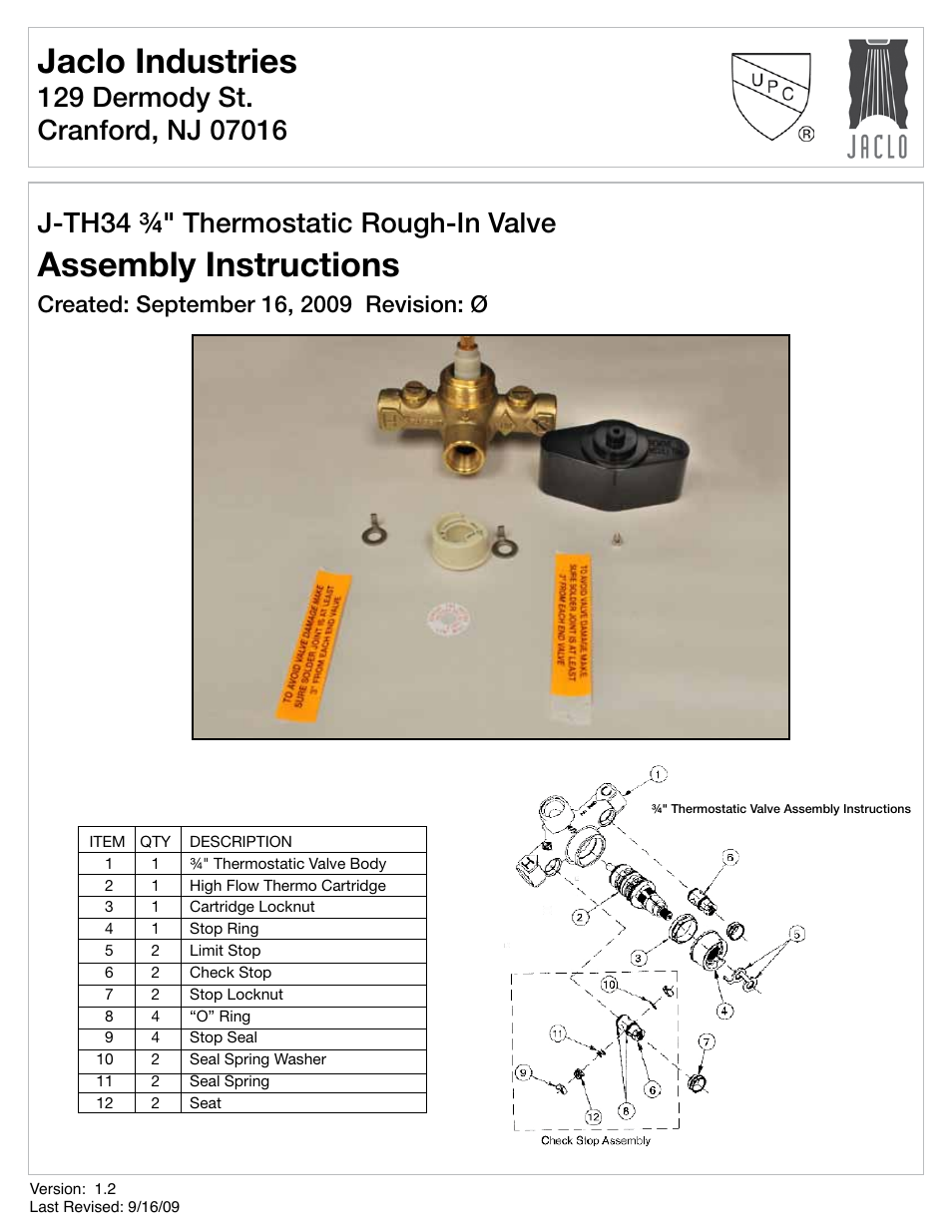 Jaclo Thermostatic extension kit - J-TH34-EXT User Manual | 7 pages