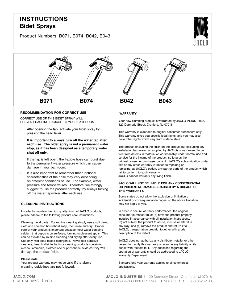 Jaclo Bidet - B043- User Manual | 1 page