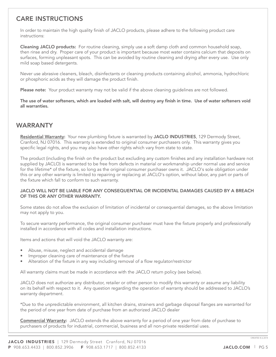 Care instructions warranty | Jaclo Faucet, Lavatory Faucet - 5840-T634 User Manual | Page 5 / 5
