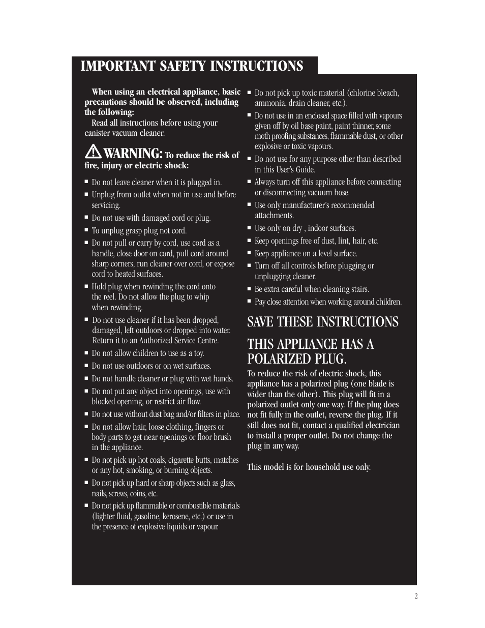 Important safety instructions, Warning | Bissell Butler Revolution 6700-C User Manual | Page 2 / 9