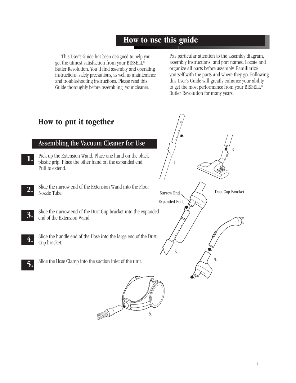 How to put it together, Assembling the vacuum cleaner for use | Bissell Butler Revolution 6700-C User Manual | Page 4 / 9
