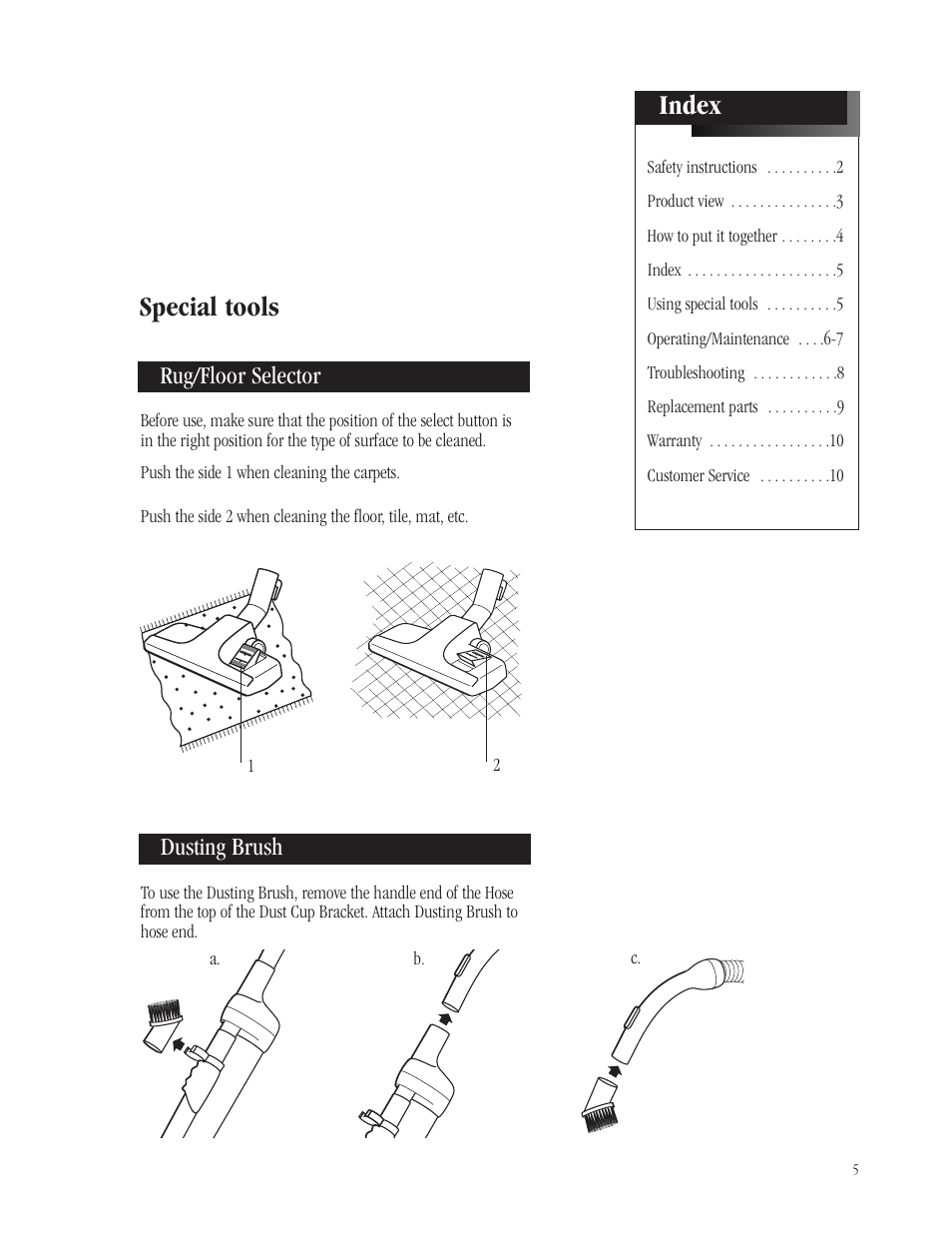 Index, Special tools, Rug/floor selector dusting brush | Bissell Butler Revolution 6700-C User Manual | Page 5 / 9