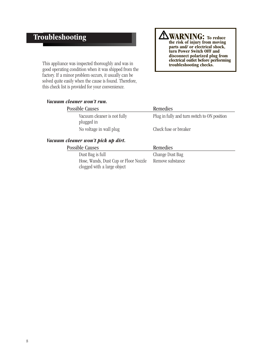 Warning, Troubleshooting | Bissell Butler Revolution 6700-C User Manual | Page 7 / 9