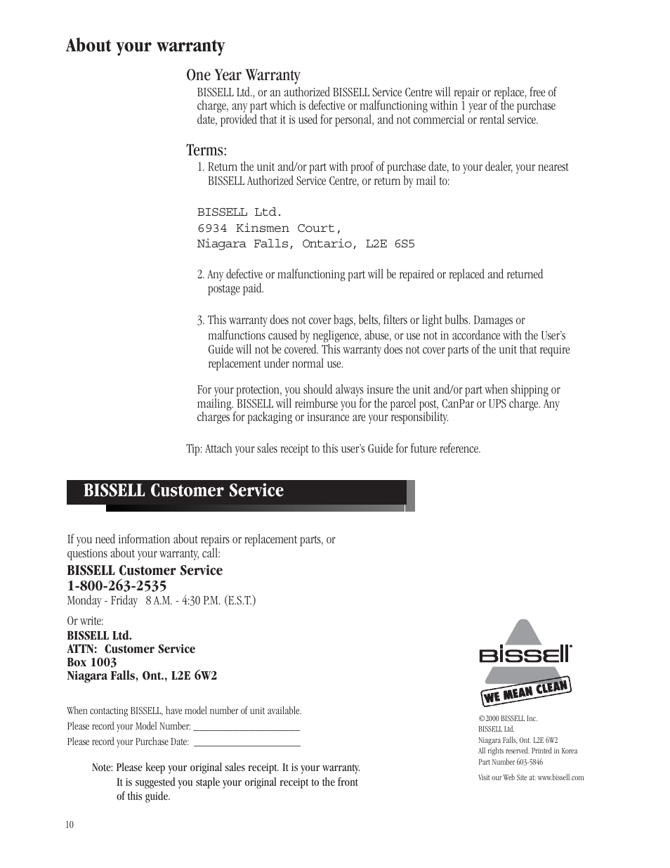 About your warranty bissell customer service, One year warranty, Terms | Bissell Butler Revolution 6700-C User Manual | Page 9 / 9