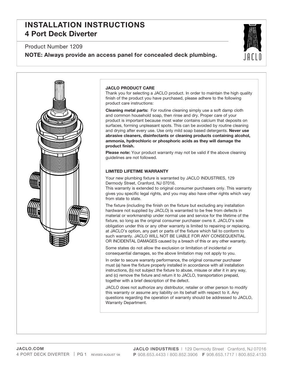 Jaclo Deck Mount Diverter Rough - J-1209 User Manual | 2 pages