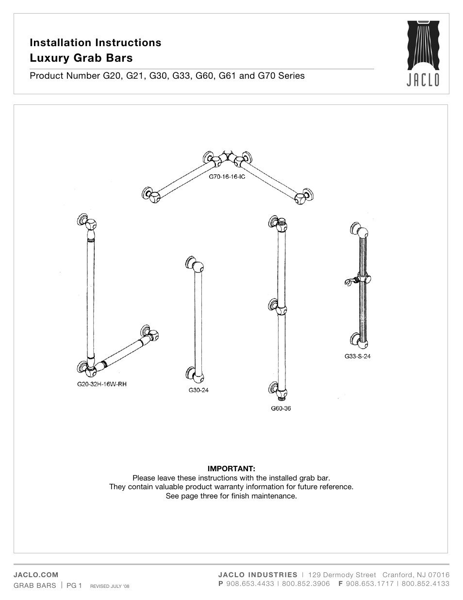 Jaclo Contempo grab bar - G80-**- User Manual | 3 pages