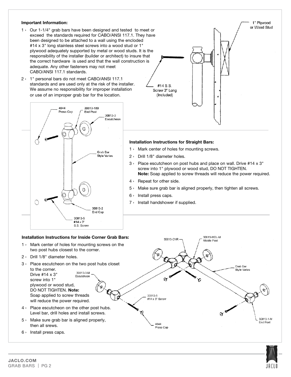 Jaclo Contempo grab bar - G80-**- User Manual | Page 2 / 3