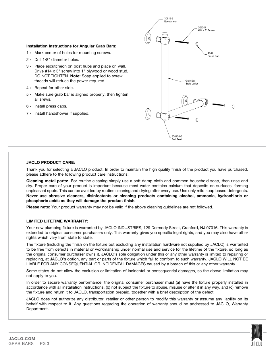 Jaclo Contempo grab bar - G80-**- User Manual | Page 3 / 3