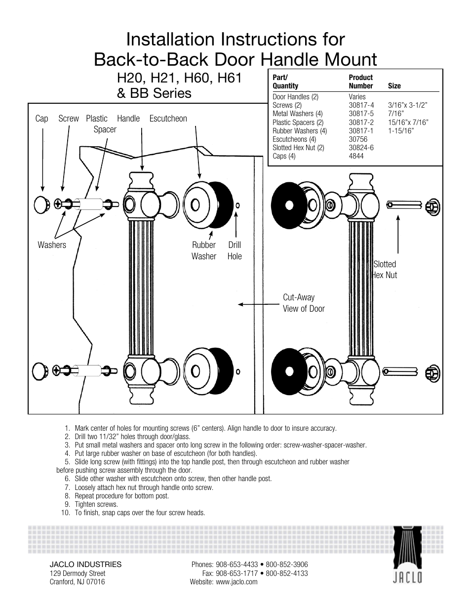 Jaclo Smooth back to back door handles w/finials - H20-BB-** User Manual | 2 pages