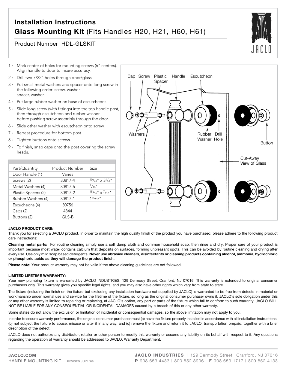 Jaclo Smooth front mount door handle w/ finials - H20-FM-** User Manual | 1 page