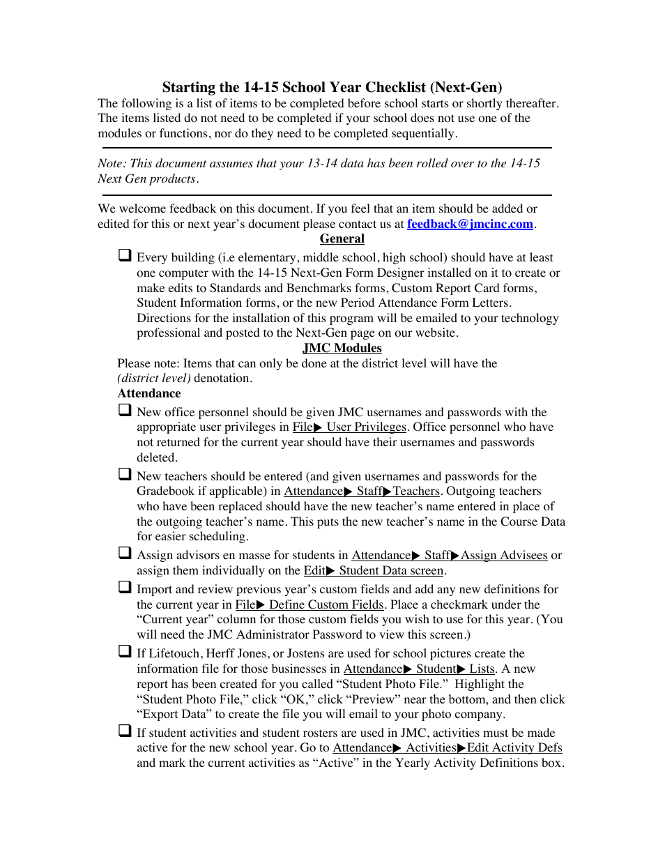 JMC Starting the 14-15 School Year Checklist-Next-Gen User Manual | 5 pages