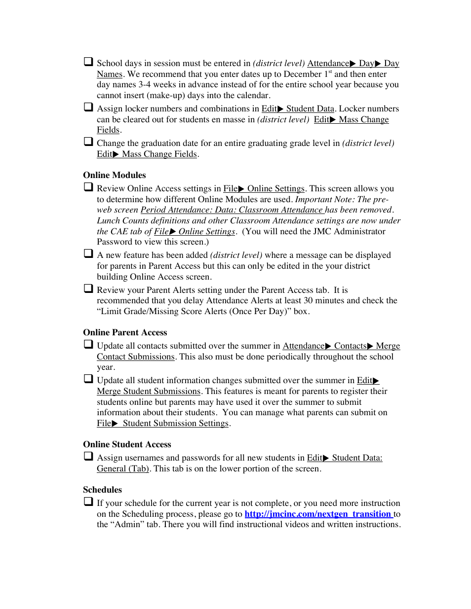 JMC Starting the 14-15 School Year Checklist-Next-Gen User Manual | Page 2 / 5