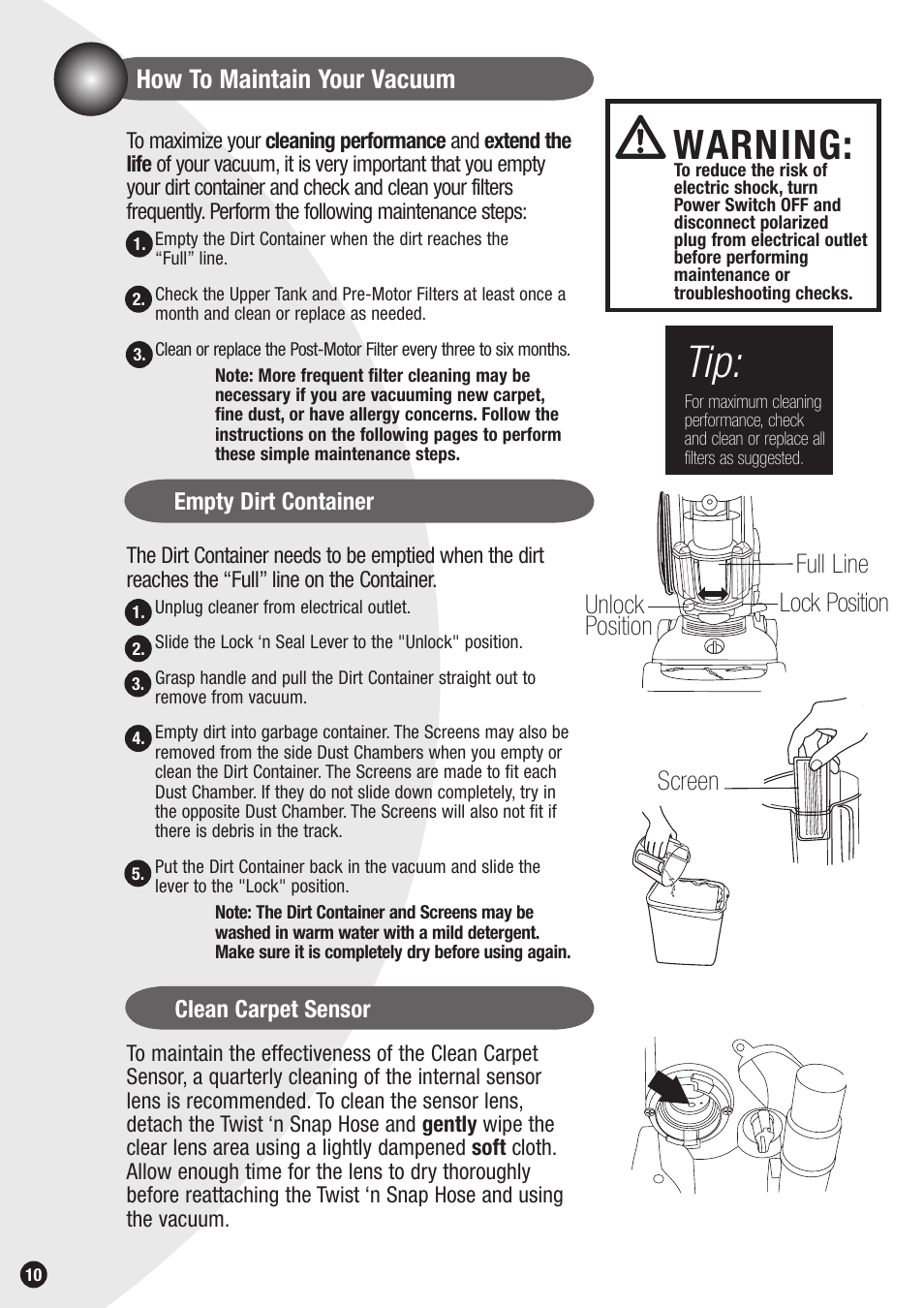 Warning, How to maintain your vacuum, Full line lock position unlock position | Screen | Bissell 3596 User Manual | Page 10 / 16