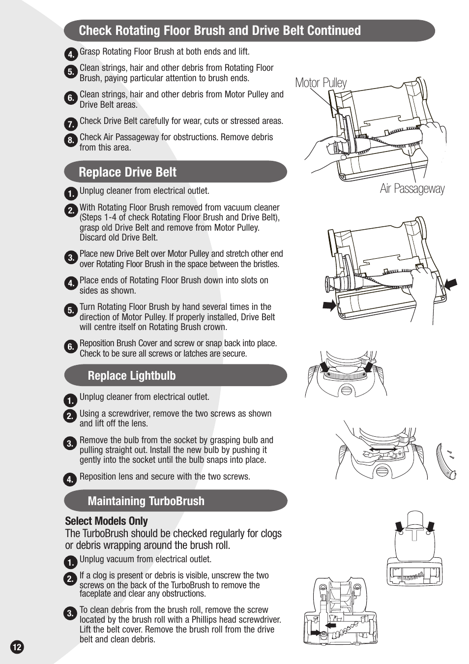 Air passageway motor pulley, Replace lightbulb, Maintaining turbobrush | Bissell 3596 User Manual | Page 12 / 16