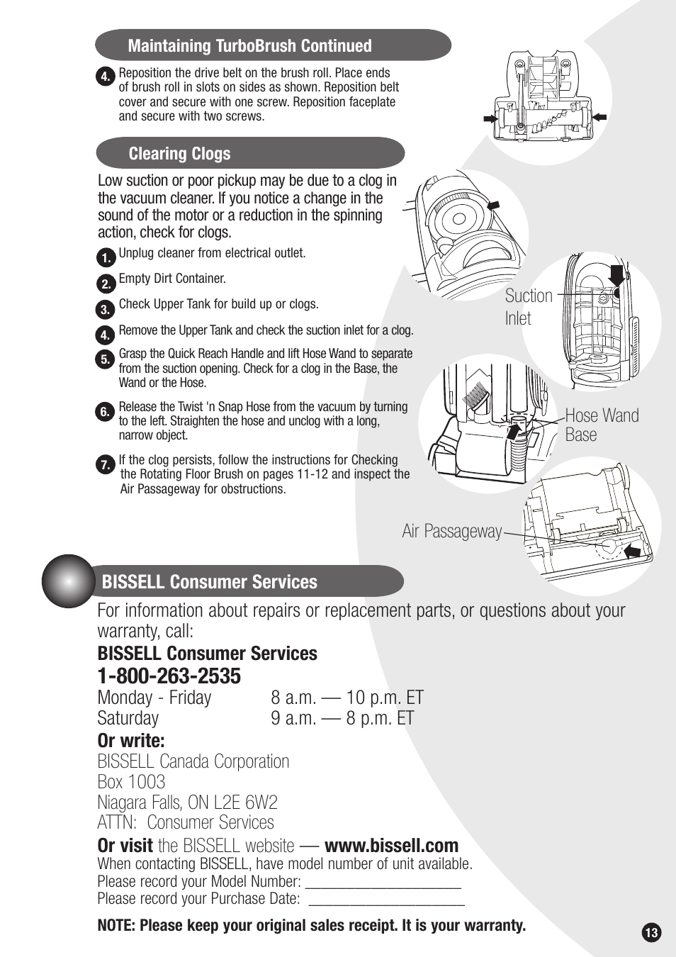 Suction inlet air passageway, Hose wand base | Bissell 3596 User Manual | Page 13 / 16
