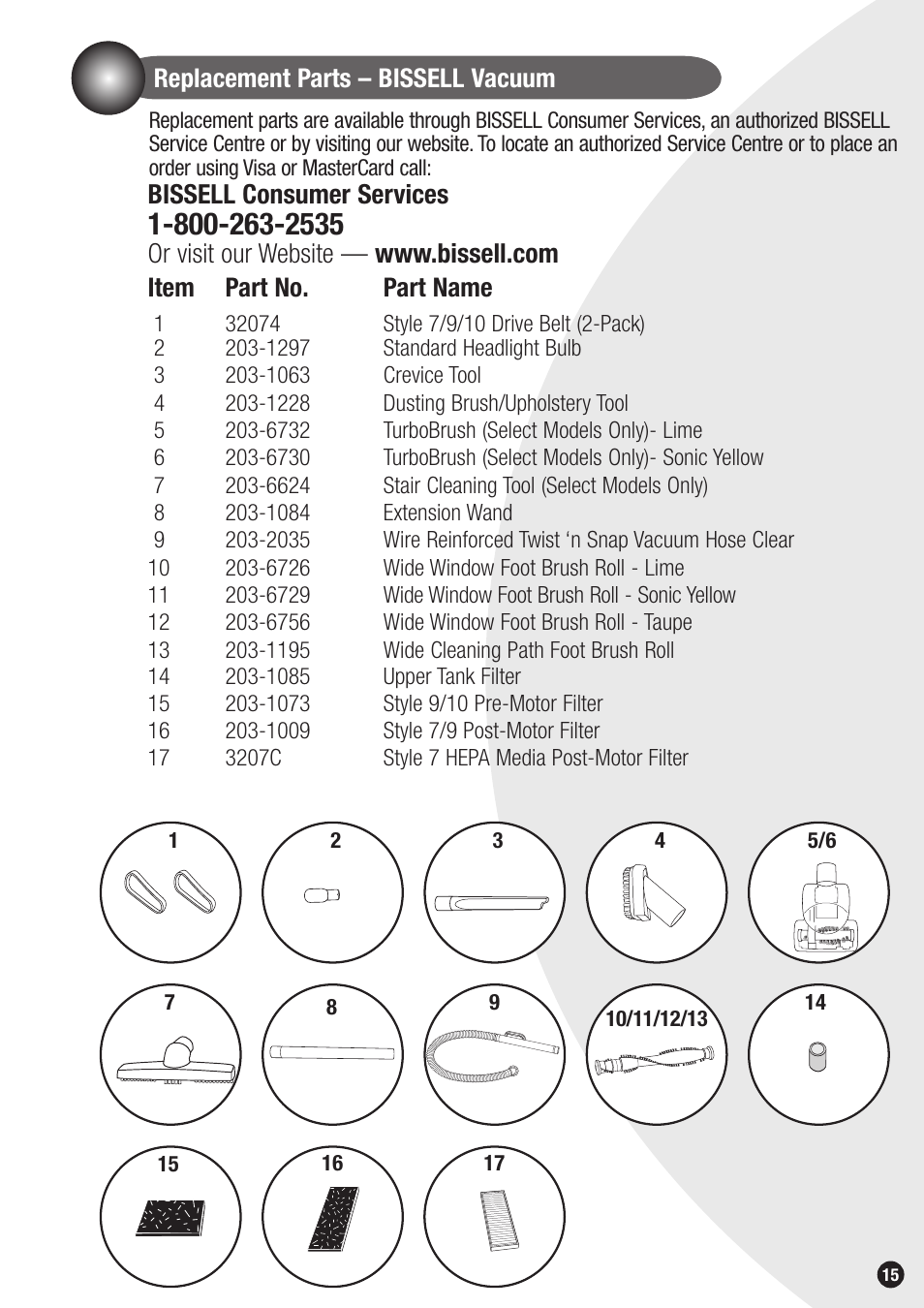 Replacement parts – bissell vacuum, Bissell consumer services, Item part no. part name | Bissell 3596 User Manual | Page 15 / 16