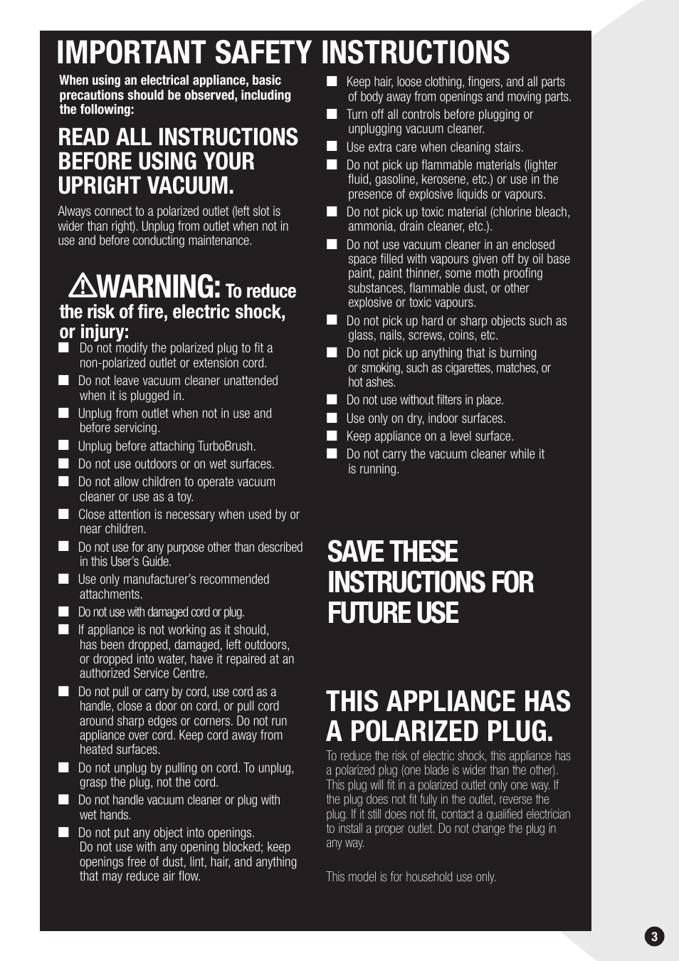 Important safety instructions, Warning, Save these instructions for future use | This appliance has a polarized plug | Bissell 3596 User Manual | Page 3 / 16