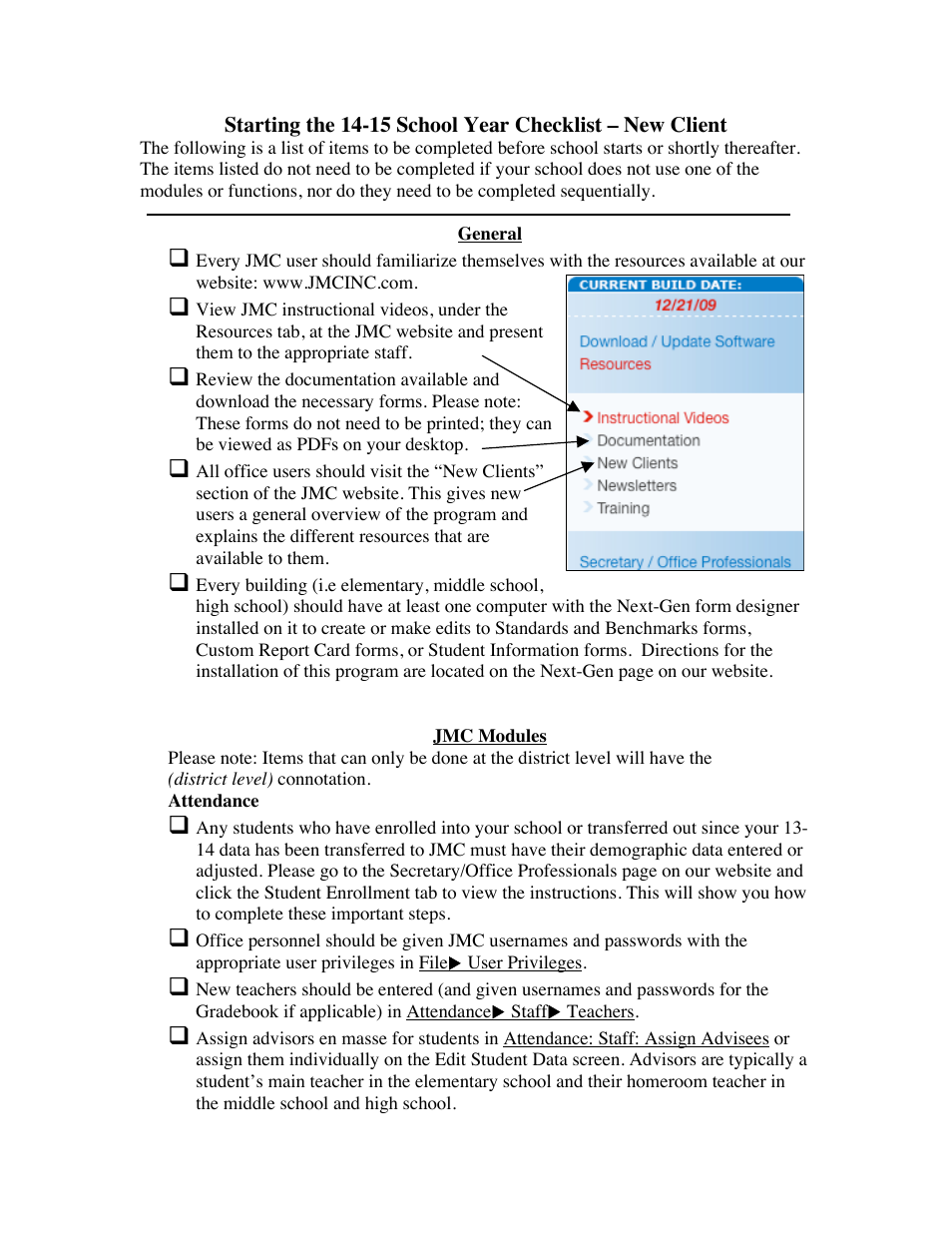 JMC Starting the 14-15 School Year Checklist - New Client User Manual | 6 pages