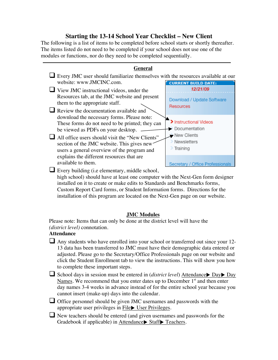 JMC Starting the 13-14 School Year Checklist - New Client User Manual | 5 pages