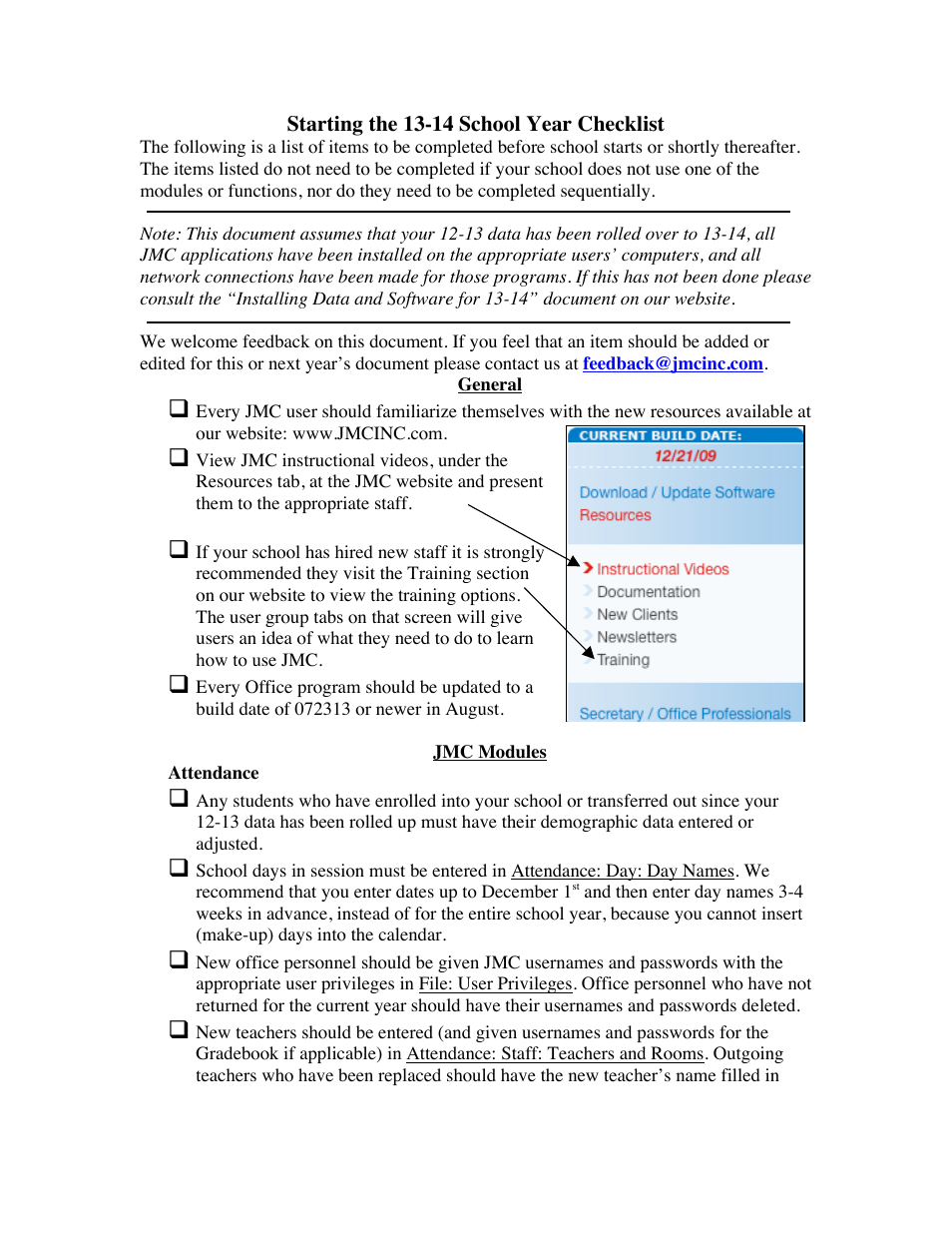 JMC Starting the 13-14 School Year Checklist User Manual | 5 pages