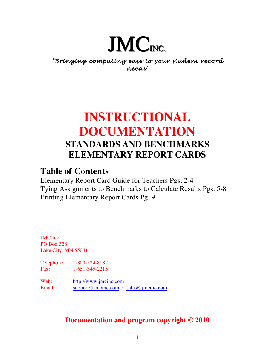 JMC Standards and Benchmarks - Instructional User Manual | 9 pages