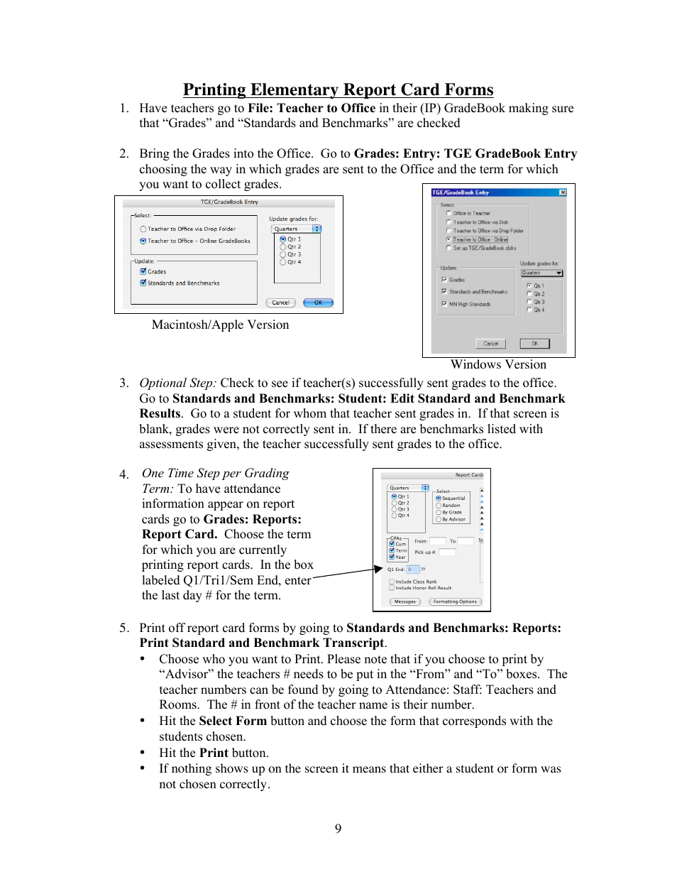 Printing elementary report card forms | JMC Standards and Benchmarks - Instructional User Manual | Page 9 / 9