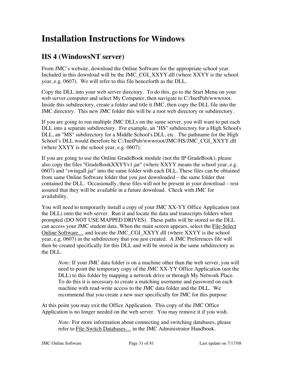 Installation instructions, For windows, Iis 4 (windowsnt server) | JMC Installing Online Software User Manual | Page 31 / 81