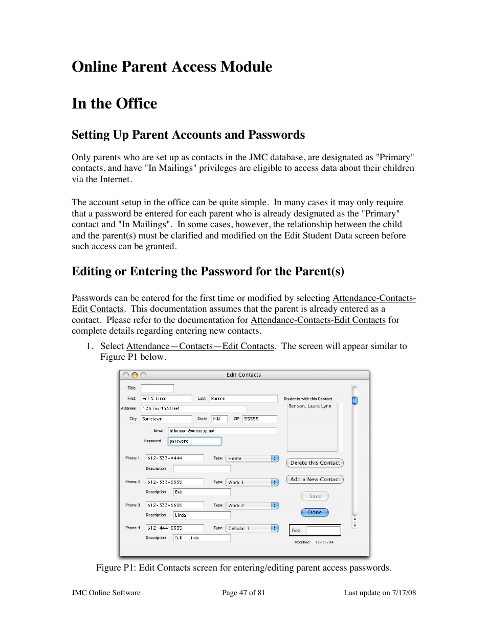 Online parent access module in the office, Setting up parent accounts and passwords, Editing or entering the password for the parent(s) | JMC Installing Online Software User Manual | Page 47 / 81