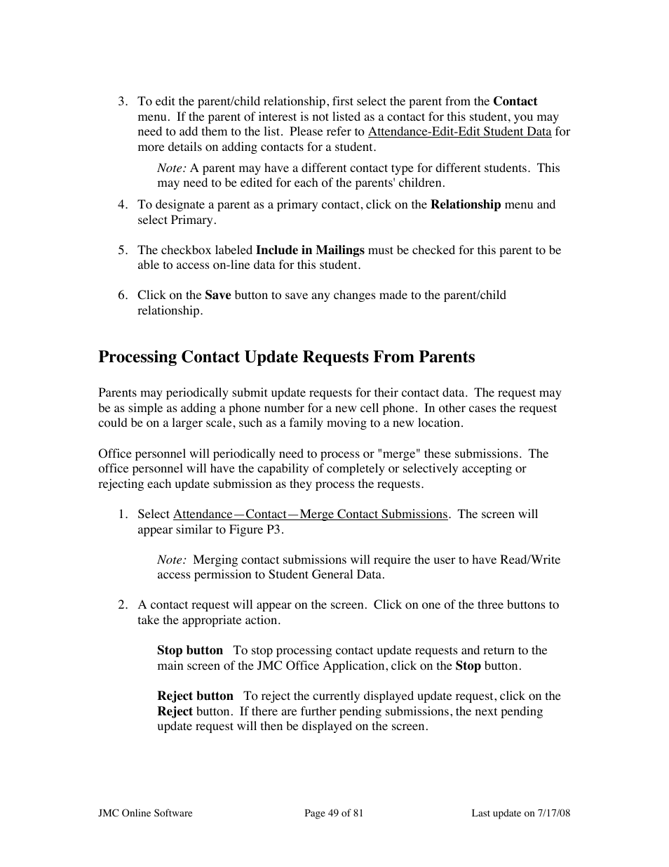 Processing contact update requests from parents | JMC Installing Online Software User Manual | Page 49 / 81