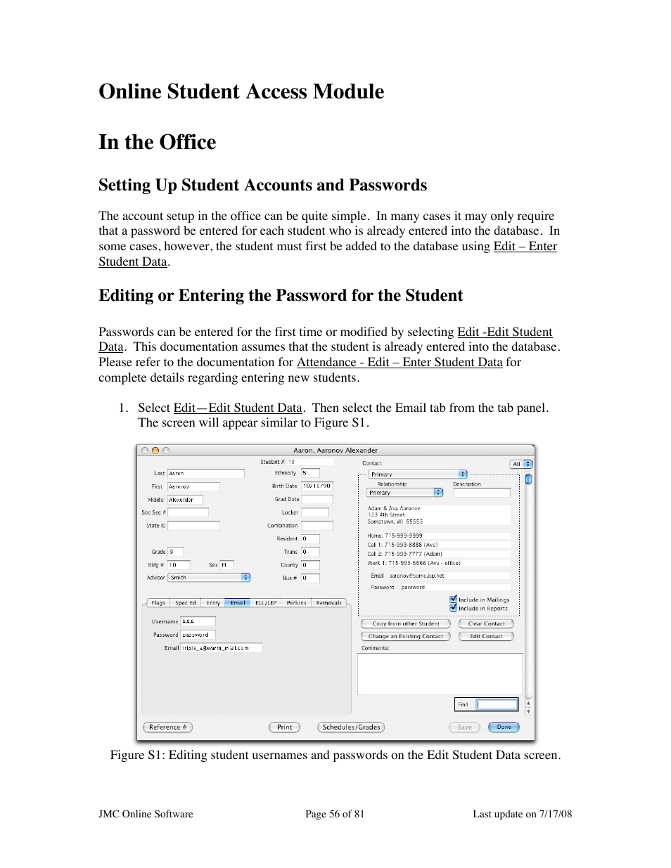 Online student access module in the office, Setting up student accounts and passwords, Editing or entering the password for the student | JMC Installing Online Software User Manual | Page 56 / 81