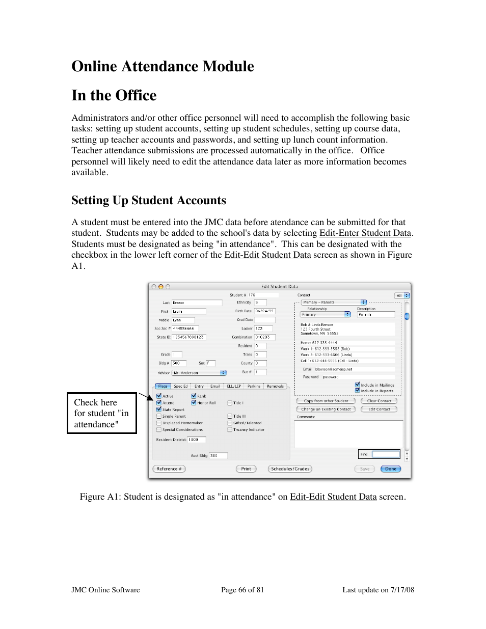 Online attendance module in the office, Setting up student accounts | JMC Installing Online Software User Manual | Page 66 / 81