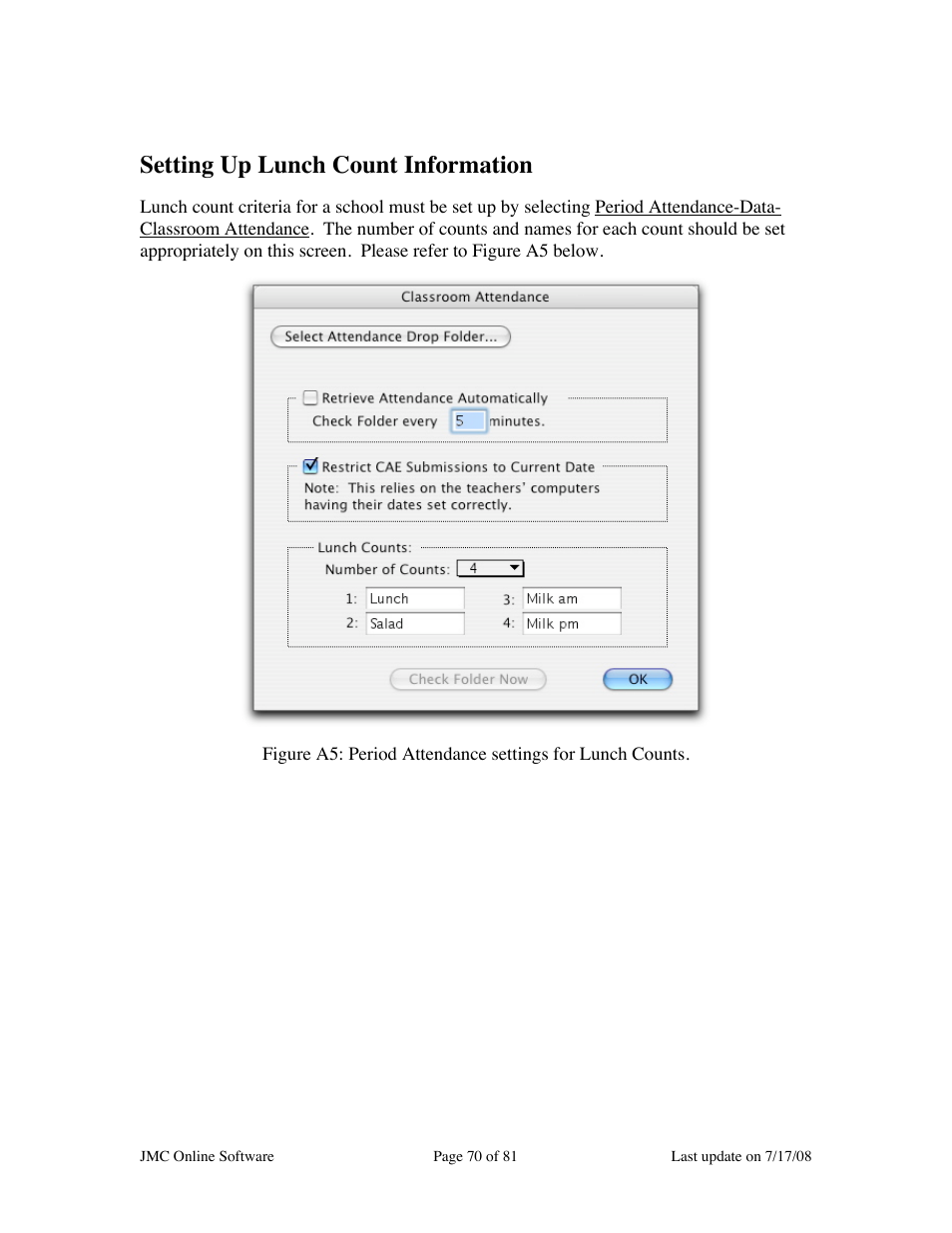 Setting up lunch count information | JMC Installing Online Software User Manual | Page 70 / 81