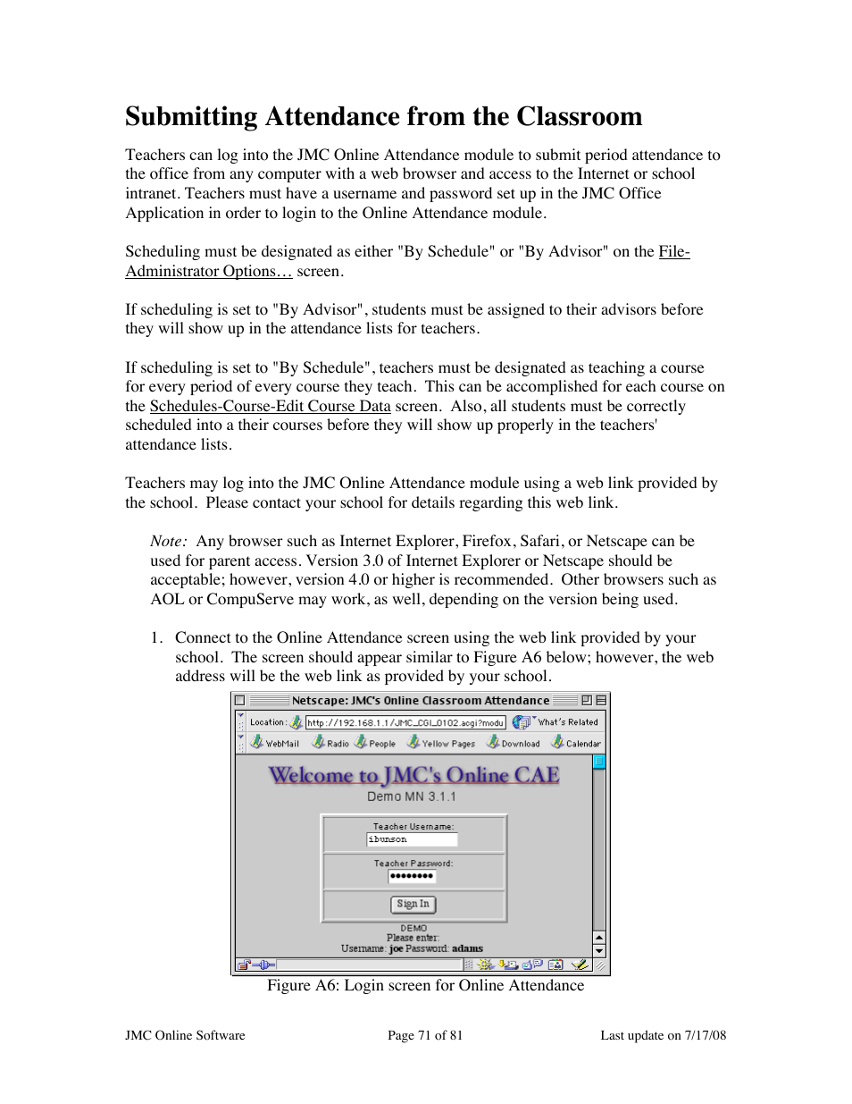 Submitting attendance from the classroom | JMC Installing Online Software User Manual | Page 71 / 81