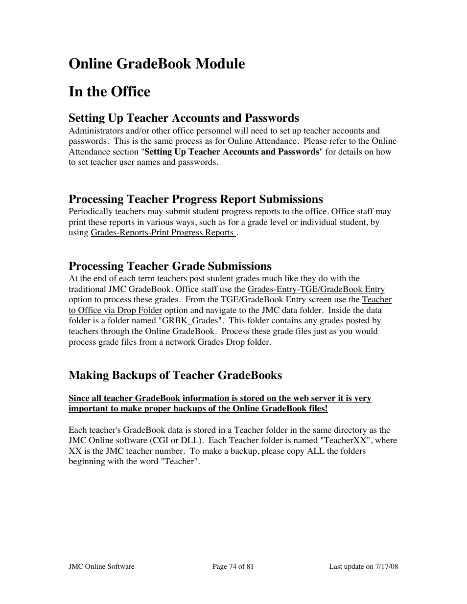 Online gradebook module in the office | JMC Installing Online Software User Manual | Page 74 / 81