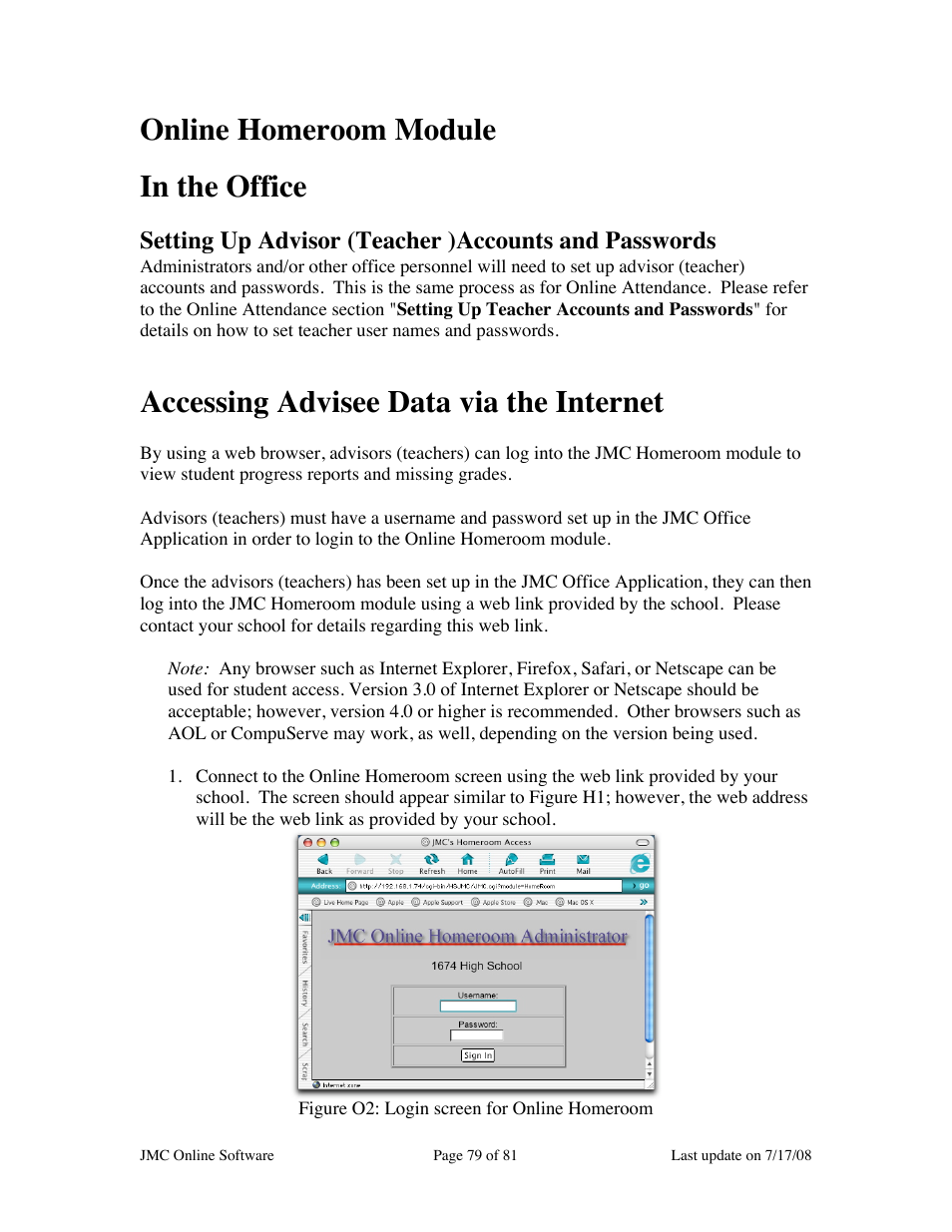 Online homeroom module in the office, Accessing advisee data via the internet | JMC Installing Online Software User Manual | Page 79 / 81