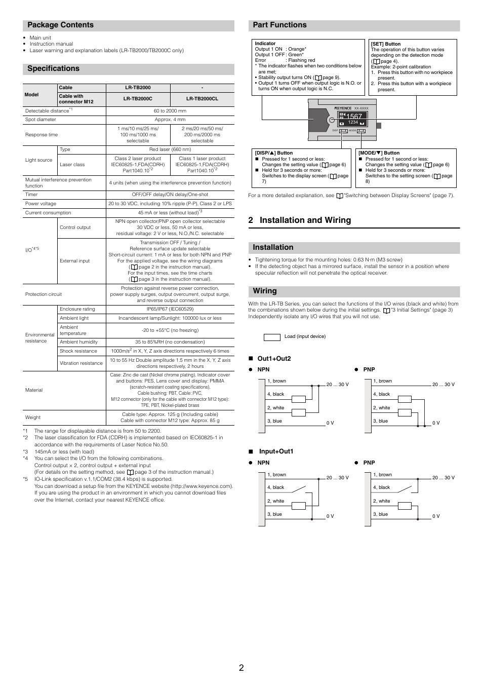 Package contents, Specifications, Part functions | Installation, Wiring, Out1+out2, Input+out1, 2 installation and wiring | KEYENCE LR-TB2000 Series User Manual | Page 2 / 12