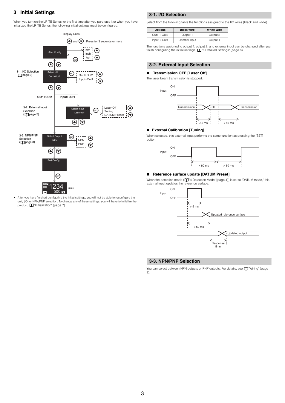 1. i/o selection, 2. external input selection, Transmission off [laser off | External calibration [tuning, Reference surface update [datum preset, 3. npn/pnp selection, 3 initial settings | KEYENCE LR-TB2000 Series User Manual | Page 3 / 12