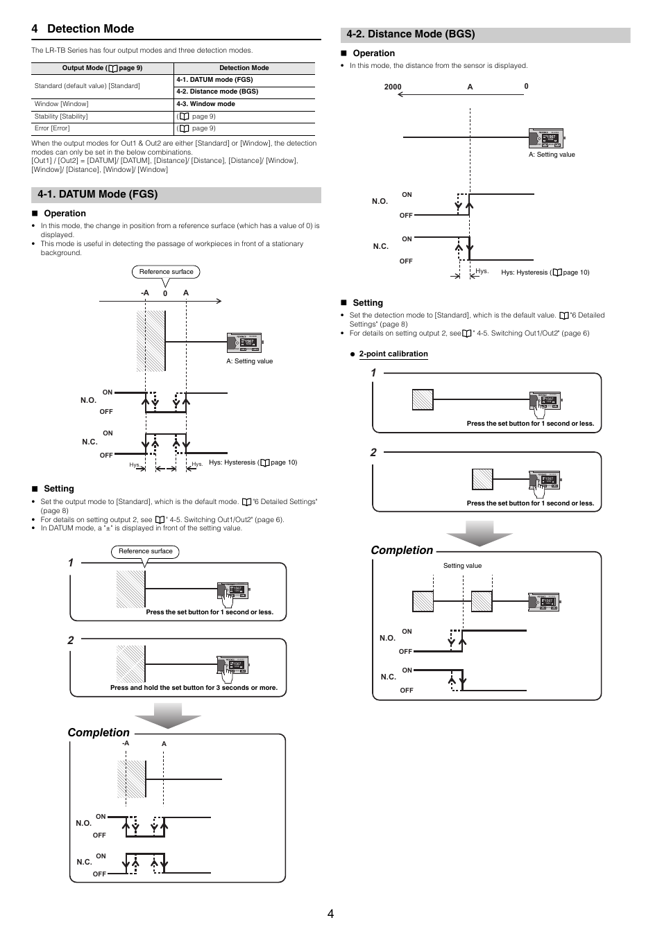 1. datum mode (fgs), Operation, Setting | 2. distance mode (bgs), Rface update [datum preset, 4 detection mode, Completion | KEYENCE LR-TB2000 Series User Manual | Page 4 / 12