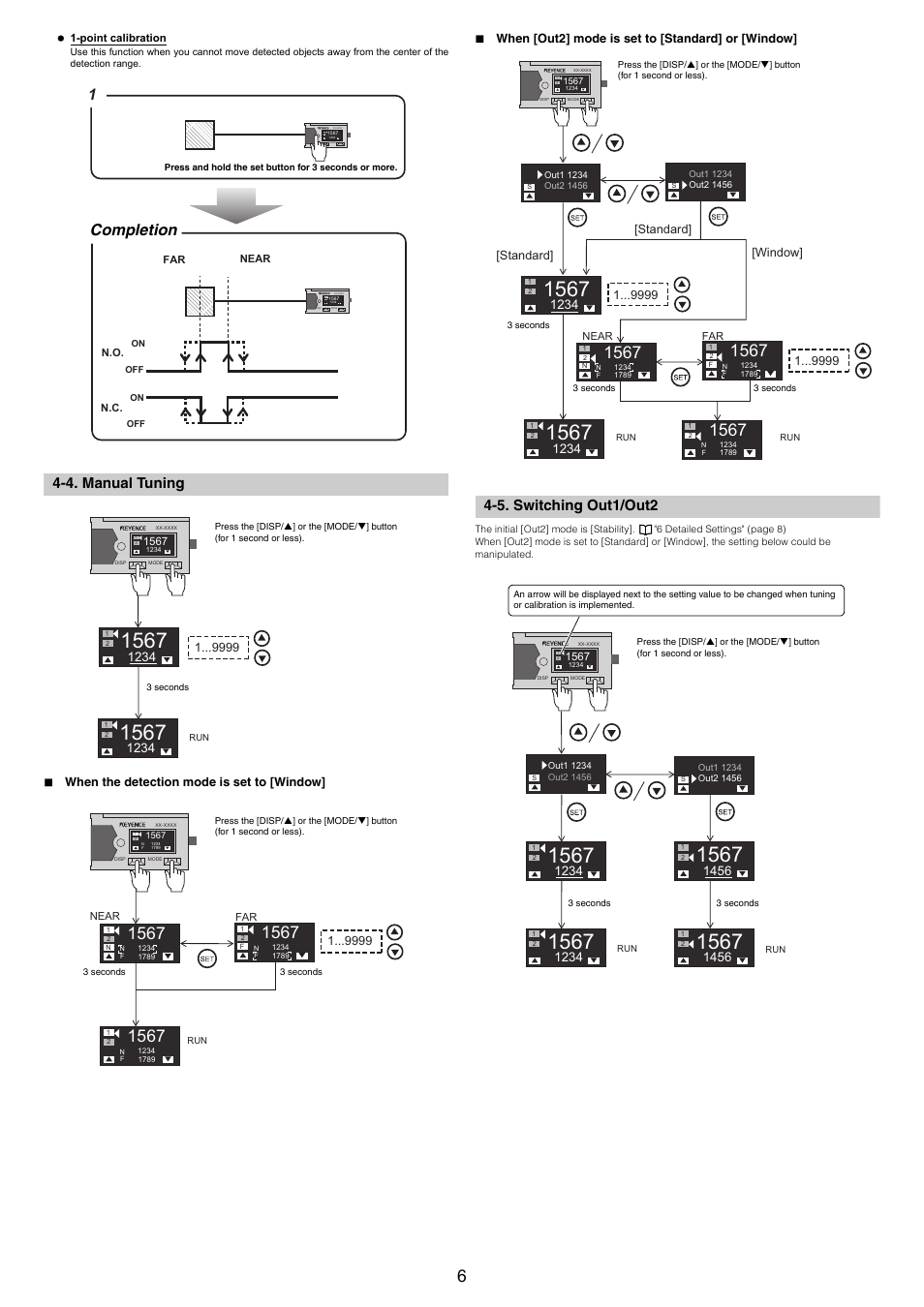 4. manual tuning, When the detection mode is set to [window, When [out2] mode is set to [standard] or [window | 5. switching out1/out2, Completion | KEYENCE LR-TB2000 Series User Manual | Page 6 / 12
