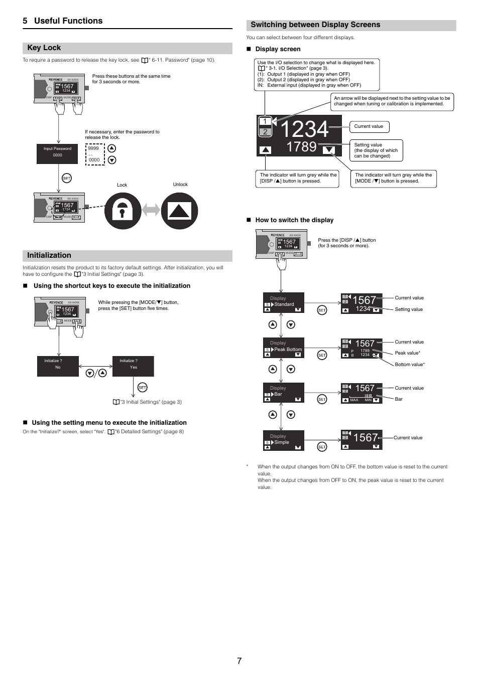 Key lock, Initialization, Switching between display screens | Display screen, How to switch the display, Ve finished configuring the, 5 useful functions | KEYENCE LR-TB2000 Series User Manual | Page 7 / 12