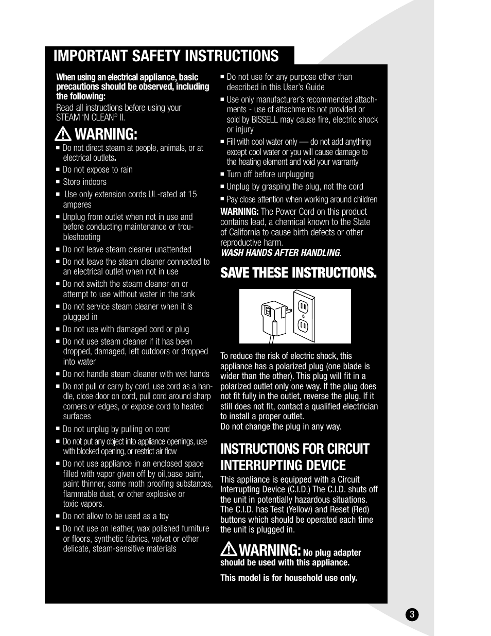 Important safety instructions, Warning, Save these instructions | Instructions for circuit interrupting device | Bissell 1865 User Manual | Page 3 / 12