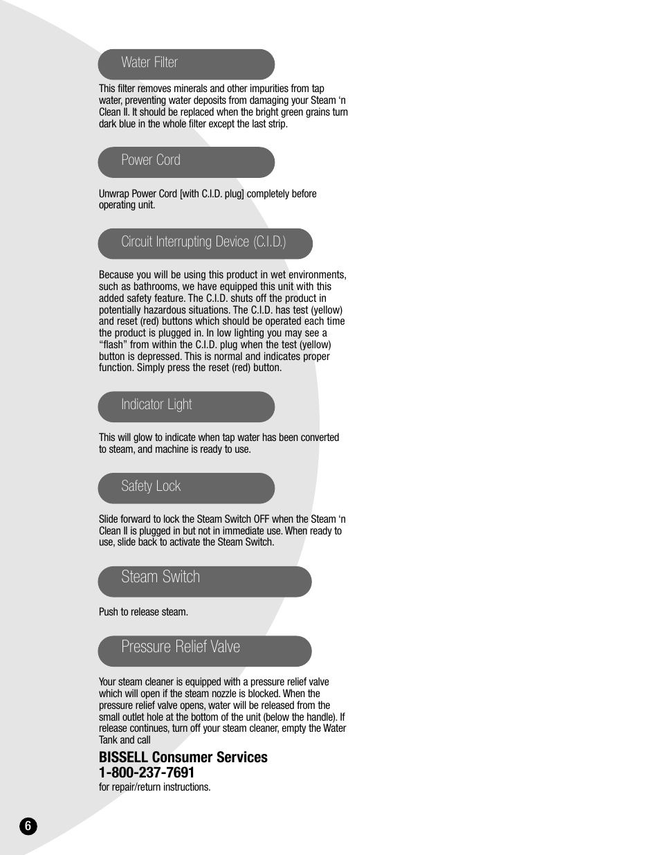 Steam switch, Pressure relief valve | Bissell 1865 User Manual | Page 6 / 12