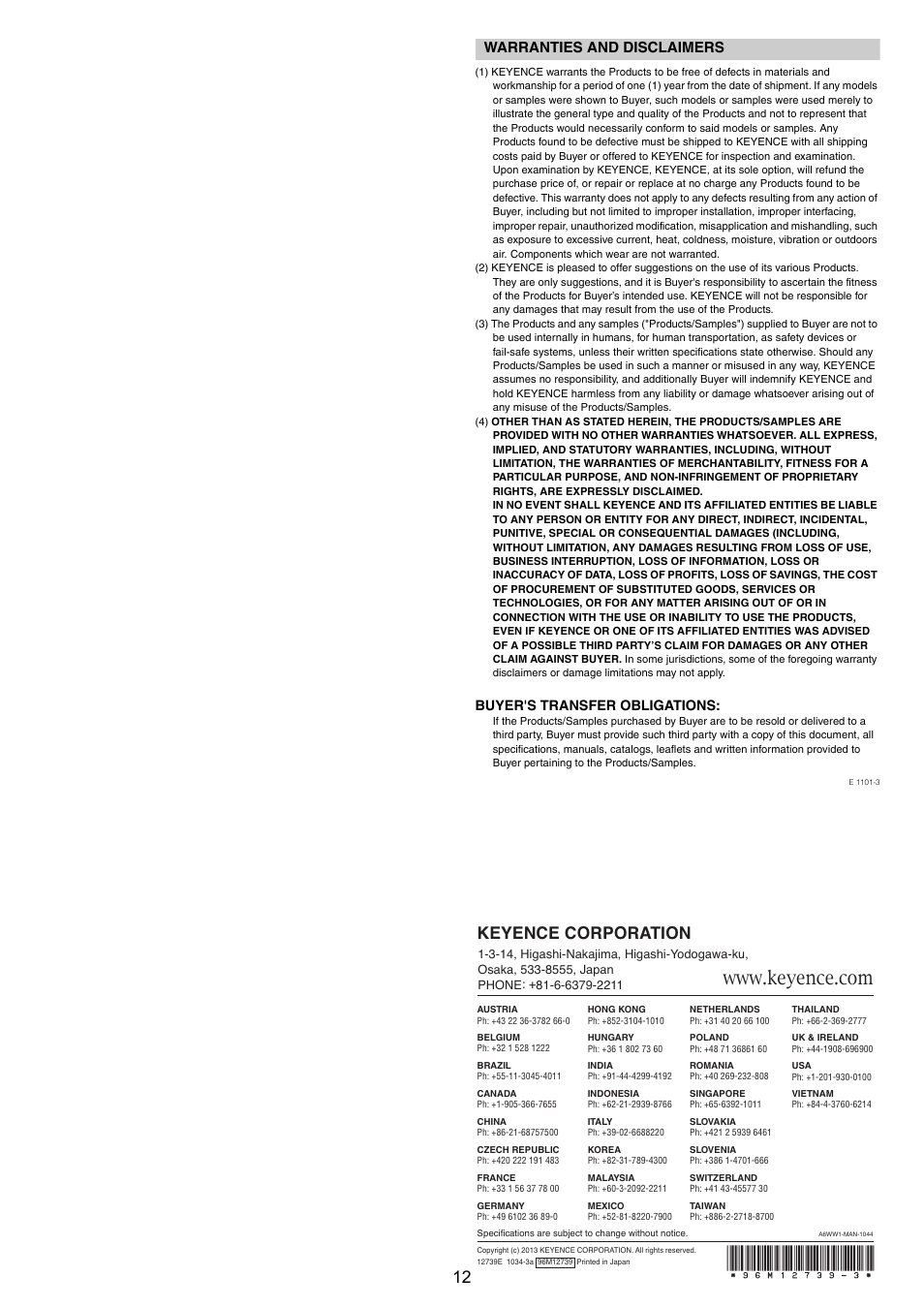 Warranties and disclaimers, Keyence corporation, Buyer's transfer obligations | KEYENCE LR-TB5000 Series User Manual | Page 12 / 12